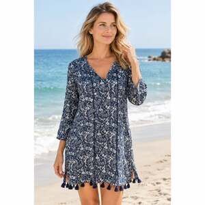 Roller Rabbit Floral Tunic Size M Navy Blue Tassels